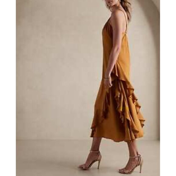 Banana Republic Dress Womens elegant RUFFLE MAXI Golden Grass size Small - Picture 2 of 9